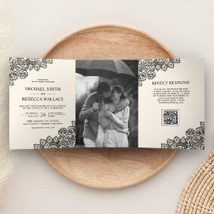 Black Lace Ivory Cream Photo QR Code Wedding Tri-Fold Invitation