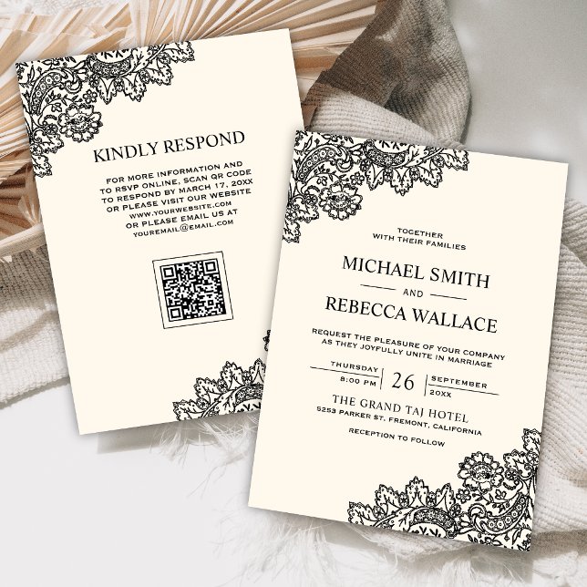 Black Lace Ivory Cream QR Code Wedding Invitation (Creator Uploaded)