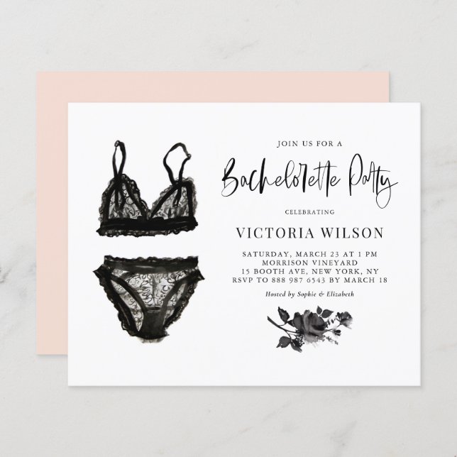 Black Lace Lingerie Bachelorette Party Invitation (Front/Back)