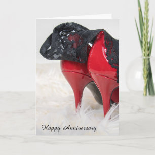 black lace lingerie on red high heels card