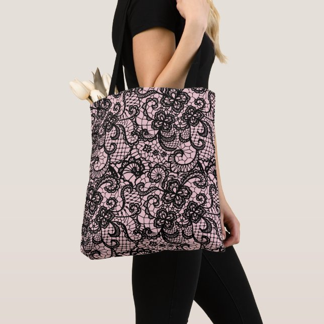 Black Lace on Blush Pink Tote Bag (Close Up)