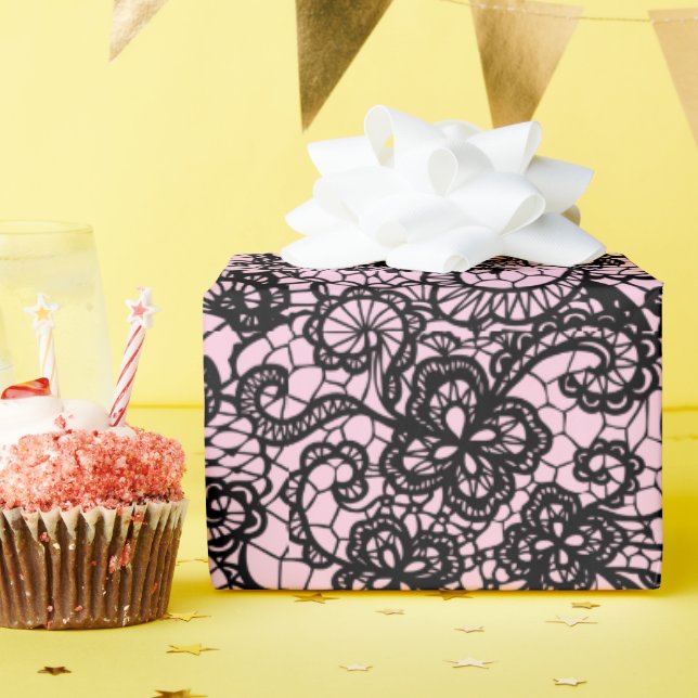 Black Lace on Pink  Wrapping Paper (Birthday Party)