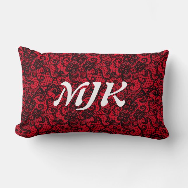 Black Lace on Red Monogram Lumbar Cushion (Front)