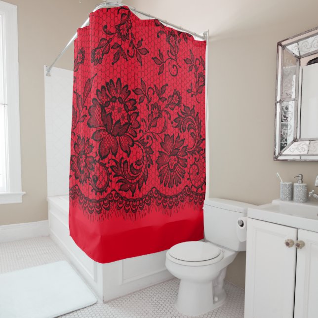 Black Lace on Red Shower Curtain (In Situ)