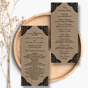 Black Lace On Rustic Burlap Wedding Program Rack Card