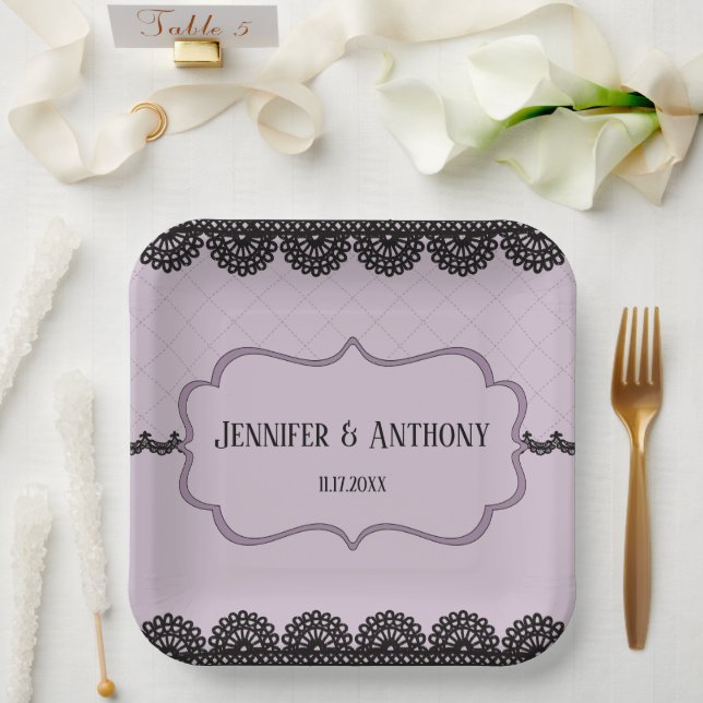 Black Lace on Soft Lavender Custom Wedding Paper Plate (Wedding)