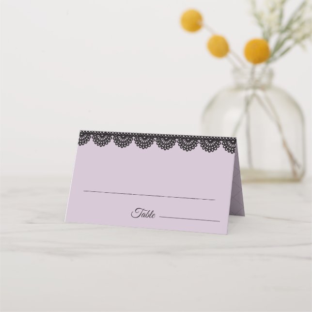 Black Lace on Soft Lavender Custom Wedding Place Card (Front)