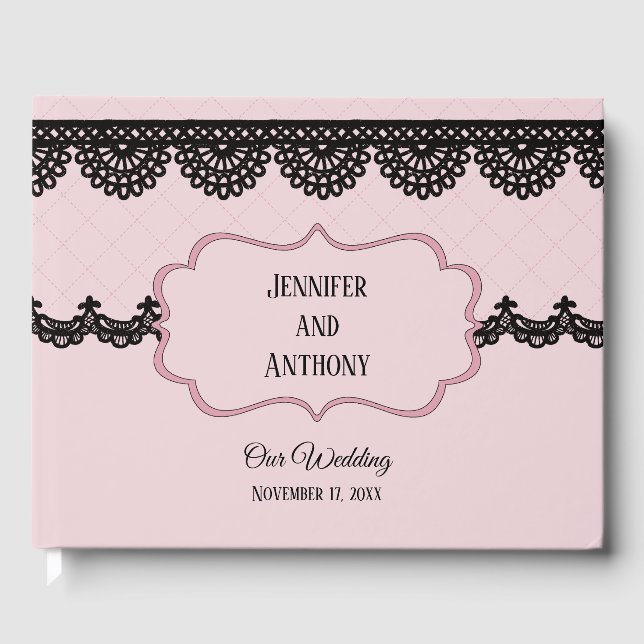 Black Lace on Soft Pink Custom Wedding Guest Book (Front)