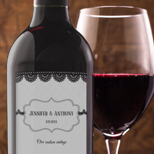 Black Lace on White Custom Wedding Wine Label