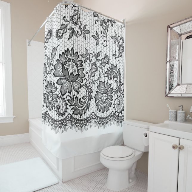 Black Lace on White Shower Curtain (In Situ)