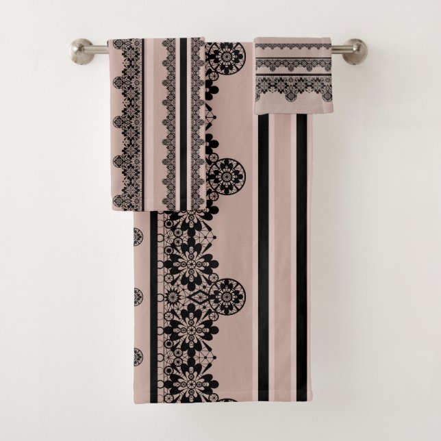 Black lace, openwork, brown background, beige, Bla Bath Towel Set (Insitu)