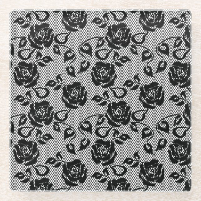 Black lace pattern on white background glass coaster (Front)