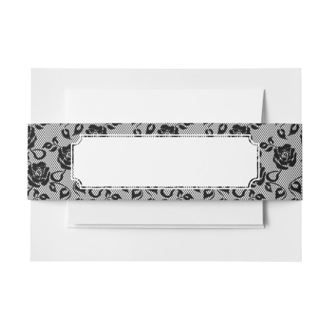 Black lace pattern on white background invitation belly band (Front Example)