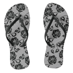Black lace pattern on white background jandals