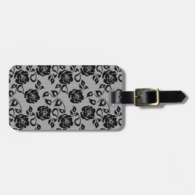 Black lace pattern on white background luggage tag (Front Horizontal)