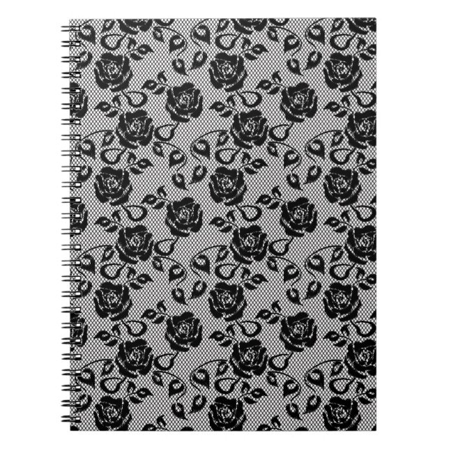 Black lace pattern on white background spiral notebook (Front)