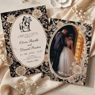 Black Lace Pearl Western Equestrian Photo Wedding Invitation