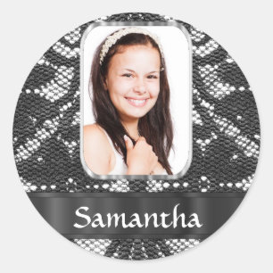 Black lace photo background classic round sticker