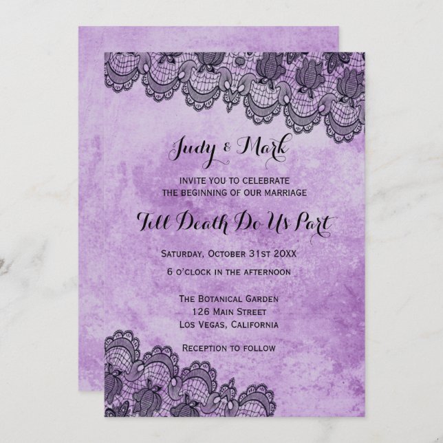 Black Lace Purple Gothic Wedding Invitation (Front/Back)