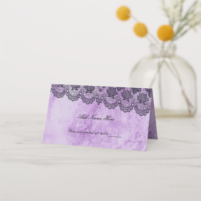 Black Lace Purple Gothic Wedding Table Place Card (Front)