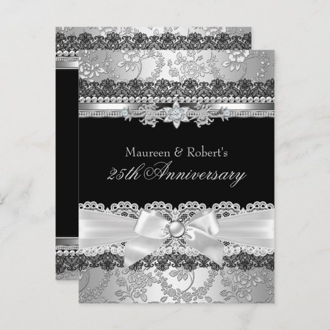 Black Lace & Silver Pearl Bow 25th Anniversary Invitation (Front/Back)