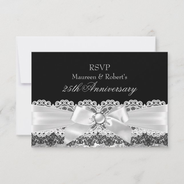 Black Lace & Silver Pearl Bow Anniversary RSVP Card (Front)