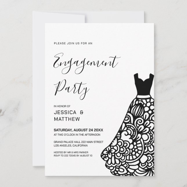 Black Lace Wedding Dress Engagement Invitation (Front)