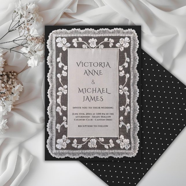 Black Lace Whimsical Vintage Wedding  Invitation (Creator Uploaded)