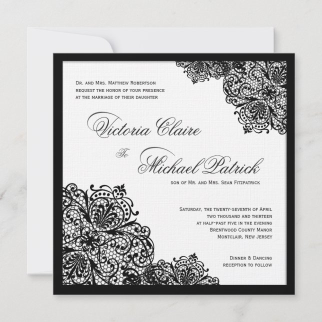 Black Lace White Linen Square Wedding Invitations (Front)