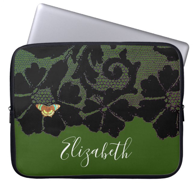BLACK LACE WITH BUTTERFLY IN GREEN NEOPRENE SLEEVE (Front)