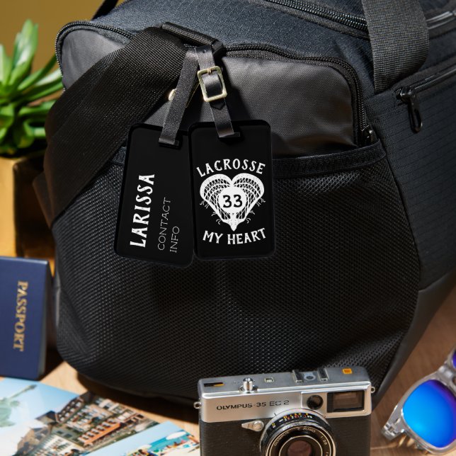 Black Lacrosse My Heart Luggage Tag (Front & Back)