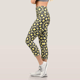 Black Lacy Geometric Art on Yellow Capri Leggings