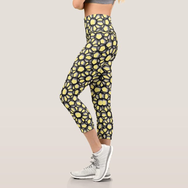 Black Lacy Geometric Art on Yellow Capri Leggings (Left)