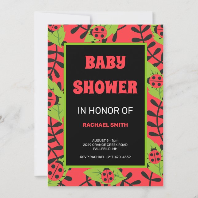 Black lady bug in forest baby shower invitation (Front)