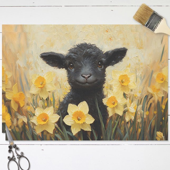 Black Lamb and Yellow Daffodils Painting Decoupage Tissue Paper (Creator Uploaded)