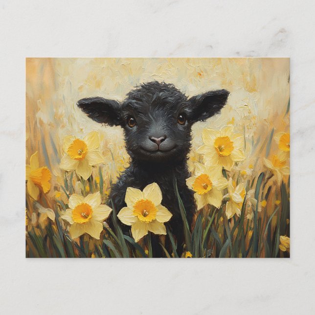 Black Lamb and Yellow Daffodils Painting Postcard (Front)