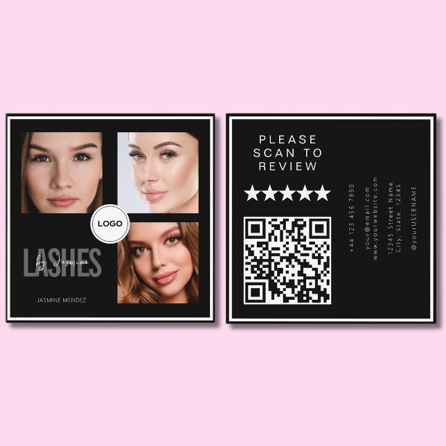 Black Lash Tech Photo Collage QR Code & Review  Square Business Card (Creator Uploaded)