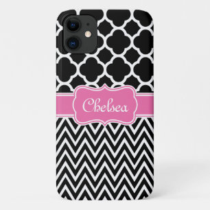 Black Lattice / Chevron Patterns Pink Name Case-Mate iPhone Case