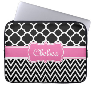 Black Lattice / Chevron Patterns Pink Name Laptop Sleeve