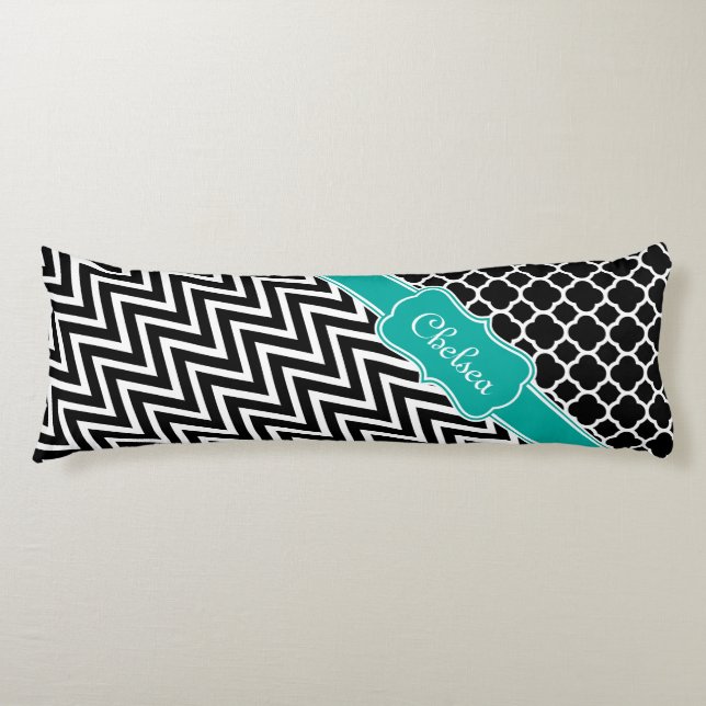 Black Lattice / Chevron Patterns Teal Name Body Cushion (Front)