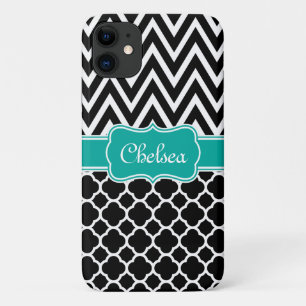 Black Lattice / Chevron Patterns Teal Name Case-Mate iPhone Case