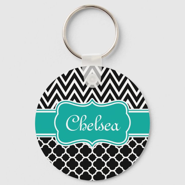 Black Lattice / Chevron Patterns Teal Name Key Ring (Front)