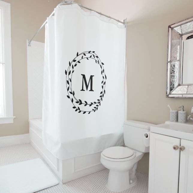 Black Laurel Garland Wreath Monogram Shower Curtain (In Situ)