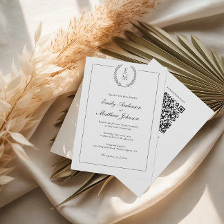 Black Laurel Monogram Wedding Invitation QR Code