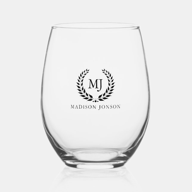  Black Laurel Wreath Black Monogram And Name Stemless Wine Glass (Front)