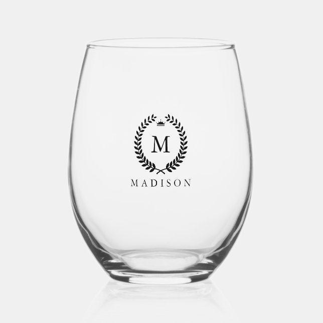 Black Laurel Wreath Crown Custom Monogram Stemless Wine Glass (Front)