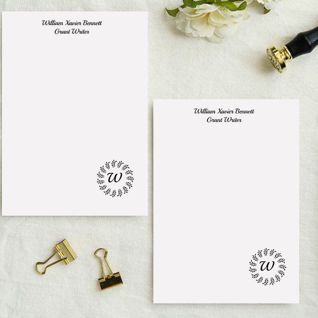 Black laurel wreath monogrammed custom letterhead (Creator Uploaded)