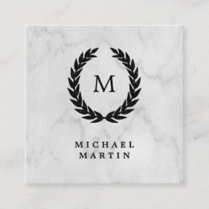 Black Laurel Wreath with Monogram on Marble Look Square Business Card