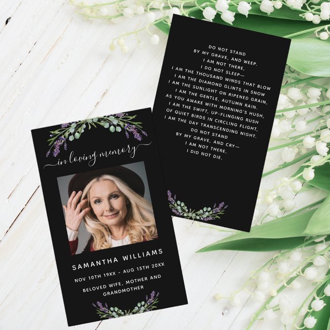 Black lavender florals photo funeral prayer card (Creator Uploaded)