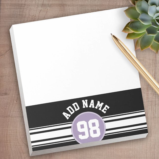 Black & Lavender Sports Jersey Custom Name Number Notepad (Personalized Notepad - a fun gift or useful promotional product)